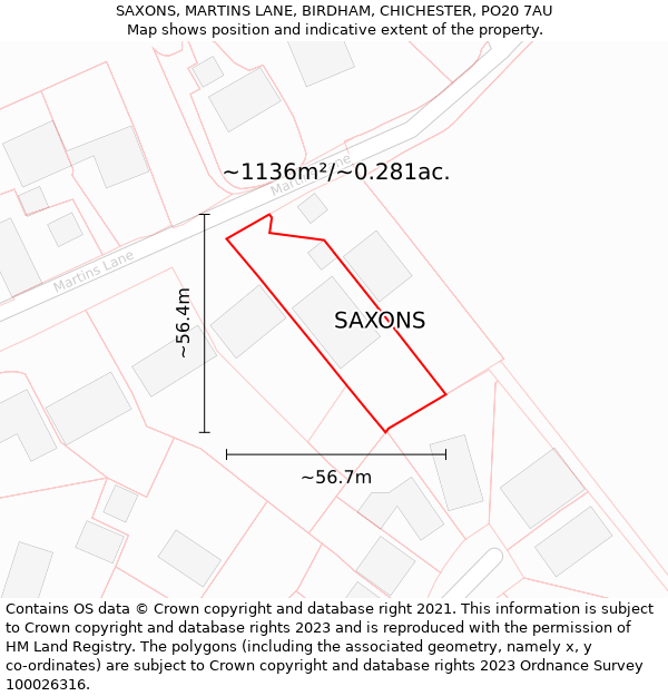 SAXONS, MARTINS LANE, BIRDHAM, CHICHESTER, PO20 7AU: Plot and title map