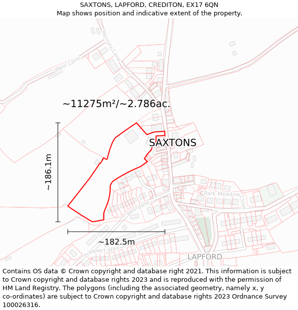 SAXTONS, LAPFORD, CREDITON, EX17 6QN: Plot and title map