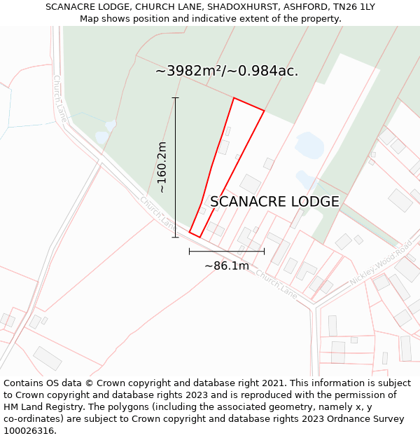 SCANACRE LODGE, CHURCH LANE, SHADOXHURST, ASHFORD, TN26 1LY: Plot and title map