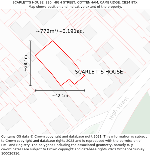 SCARLETTS HOUSE, 320, HIGH STREET, COTTENHAM, CAMBRIDGE, CB24 8TX: Plot and title map