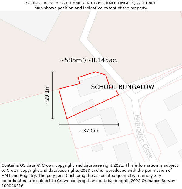 SCHOOL BUNGALOW, HAMPDEN CLOSE, KNOTTINGLEY, WF11 8PT: Plot and title map
