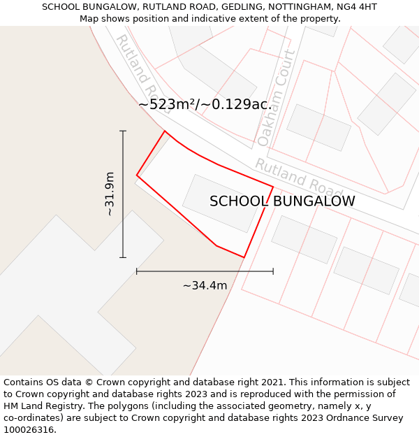 SCHOOL BUNGALOW, RUTLAND ROAD, GEDLING, NOTTINGHAM, NG4 4HT: Plot and title map