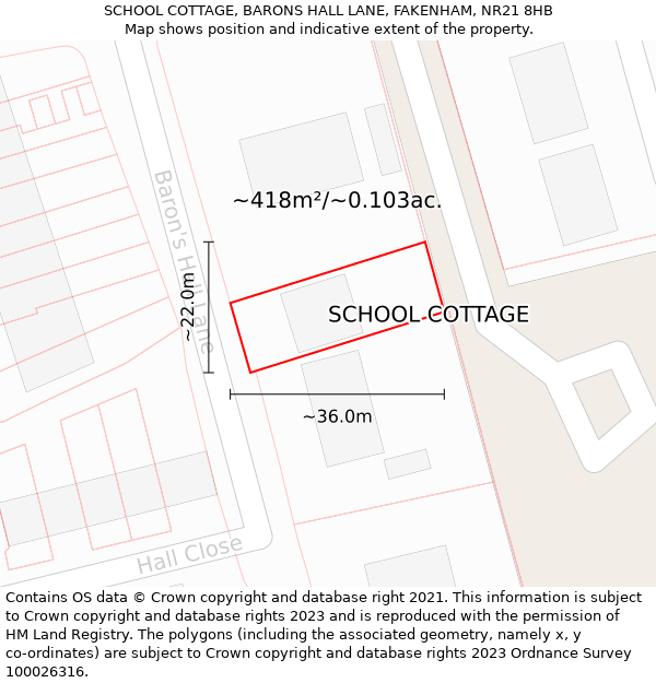 SCHOOL COTTAGE, BARONS HALL LANE, FAKENHAM, NR21 8HB: Plot and title map