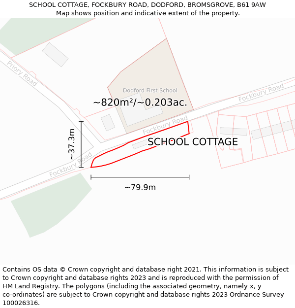 SCHOOL COTTAGE, FOCKBURY ROAD, DODFORD, BROMSGROVE, B61 9AW: Plot and title map