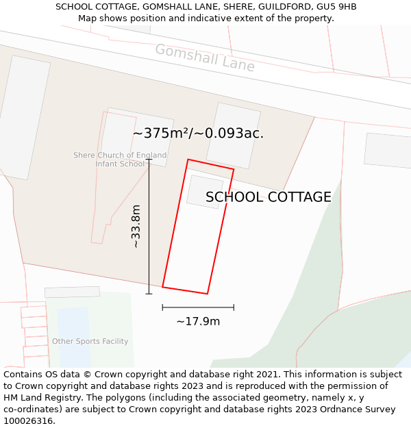 SCHOOL COTTAGE, GOMSHALL LANE, SHERE, GUILDFORD, GU5 9HB: Plot and title map