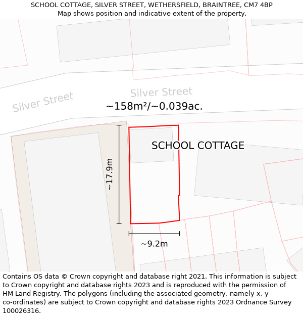 SCHOOL COTTAGE, SILVER STREET, WETHERSFIELD, BRAINTREE, CM7 4BP: Plot and title map