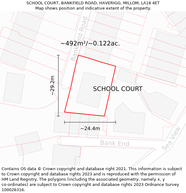 SCHOOL COURT, BANKFIELD ROAD, HAVERIGG, MILLOM, LA18 4ET: Plot and title map
