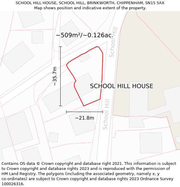 SCHOOL HILL HOUSE, SCHOOL HILL, BRINKWORTH, CHIPPENHAM, SN15 5AX: Plot and title map