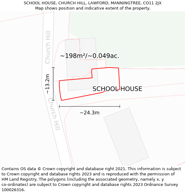 SCHOOL HOUSE, CHURCH HILL, LAWFORD, MANNINGTREE, CO11 2JX: Plot and title map