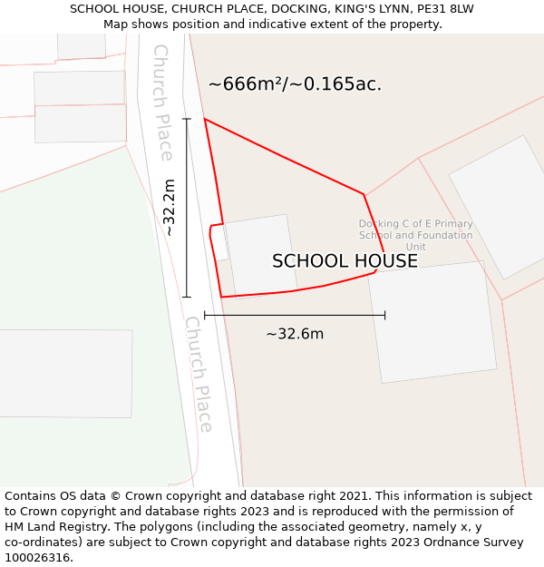 SCHOOL HOUSE, CHURCH PLACE, DOCKING, KING'S LYNN, PE31 8LW: Plot and title map