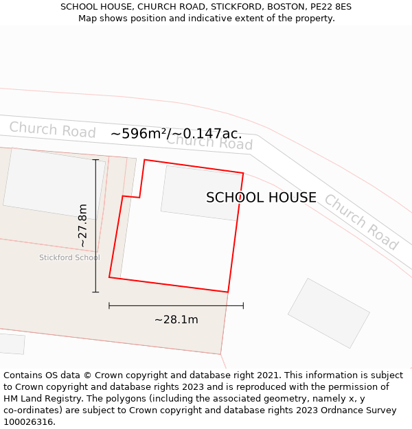 SCHOOL HOUSE, CHURCH ROAD, STICKFORD, BOSTON, PE22 8ES: Plot and title map
