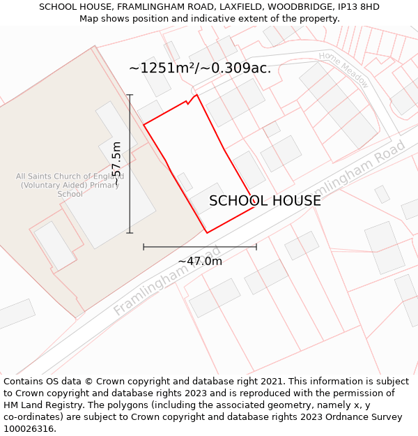 SCHOOL HOUSE, FRAMLINGHAM ROAD, LAXFIELD, WOODBRIDGE, IP13 8HD: Plot and title map
