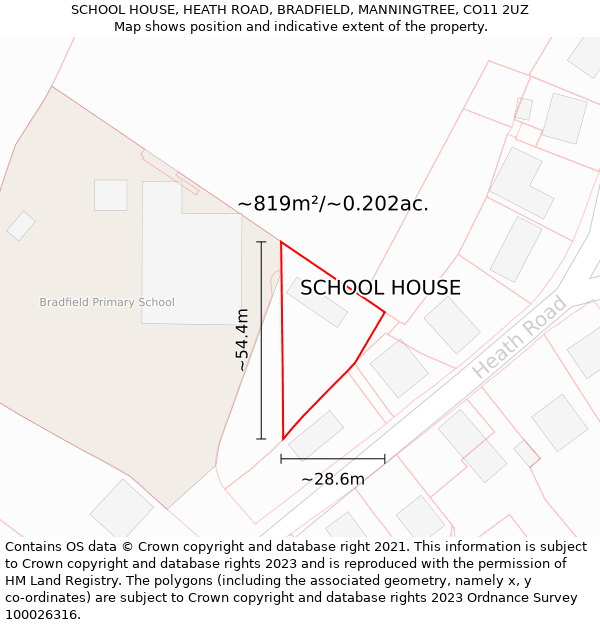 SCHOOL HOUSE, HEATH ROAD, BRADFIELD, MANNINGTREE, CO11 2UZ: Plot and title map