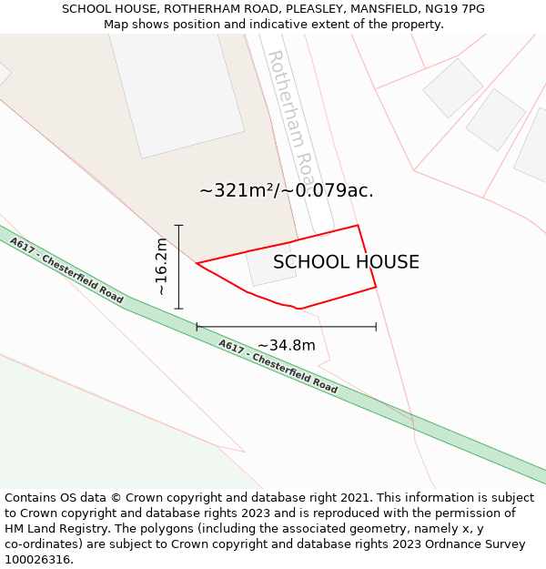 SCHOOL HOUSE, ROTHERHAM ROAD, PLEASLEY, MANSFIELD, NG19 7PG: Plot and title map