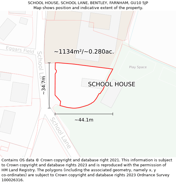 SCHOOL HOUSE, SCHOOL LANE, BENTLEY, FARNHAM, GU10 5JP: Plot and title map