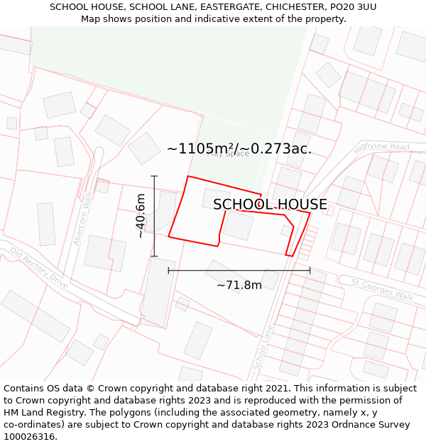 SCHOOL HOUSE, SCHOOL LANE, EASTERGATE, CHICHESTER, PO20 3UU: Plot and title map