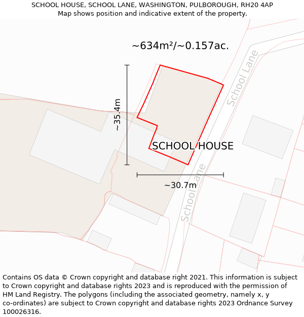SCHOOL HOUSE, SCHOOL LANE, WASHINGTON, PULBOROUGH, RH20 4AP: Plot and title map