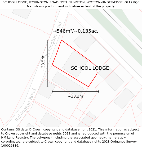 SCHOOL LODGE, ITCHINGTON ROAD, TYTHERINGTON, WOTTON-UNDER-EDGE, GL12 8QE: Plot and title map