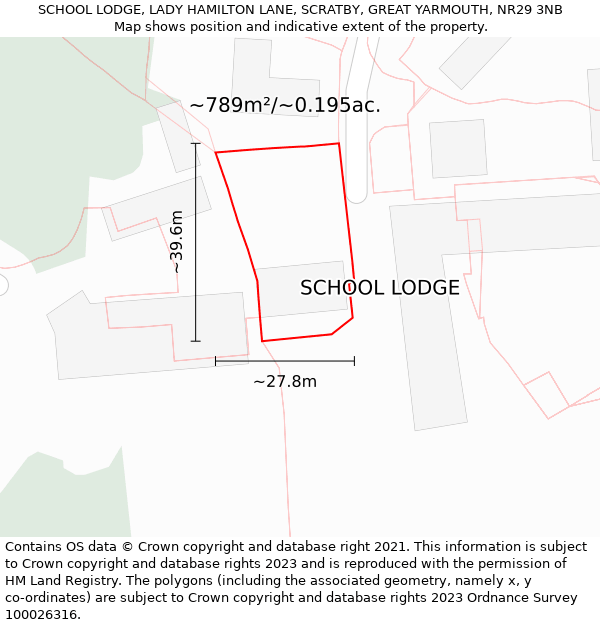 SCHOOL LODGE, LADY HAMILTON LANE, SCRATBY, GREAT YARMOUTH, NR29 3NB: Plot and title map