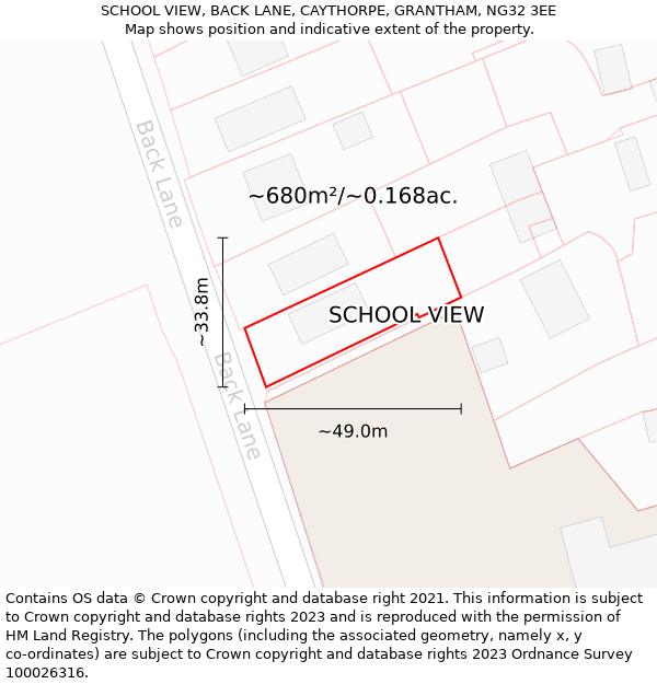 SCHOOL VIEW, BACK LANE, CAYTHORPE, GRANTHAM, NG32 3EE: Plot and title map