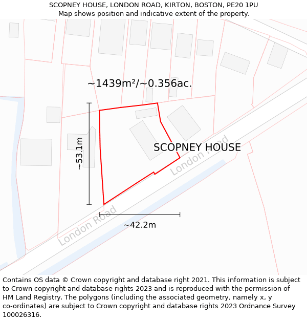 SCOPNEY HOUSE, LONDON ROAD, KIRTON, BOSTON, PE20 1PU: Plot and title map