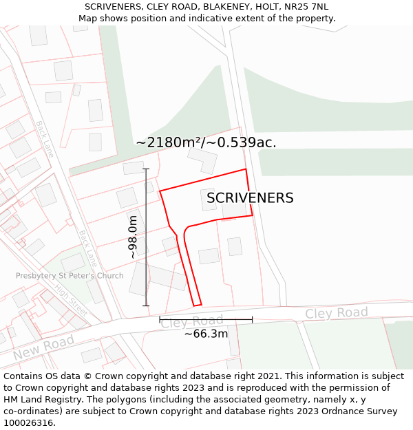 SCRIVENERS, CLEY ROAD, BLAKENEY, HOLT, NR25 7NL: Plot and title map