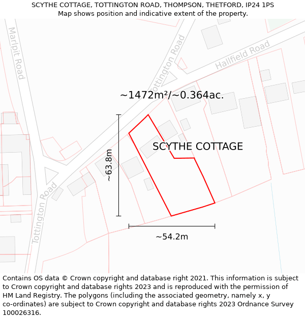 SCYTHE COTTAGE, TOTTINGTON ROAD, THOMPSON, THETFORD, IP24 1PS: Plot and title map