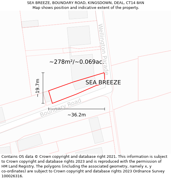 SEA BREEZE, BOUNDARY ROAD, KINGSDOWN, DEAL, CT14 8AN: Plot and title map