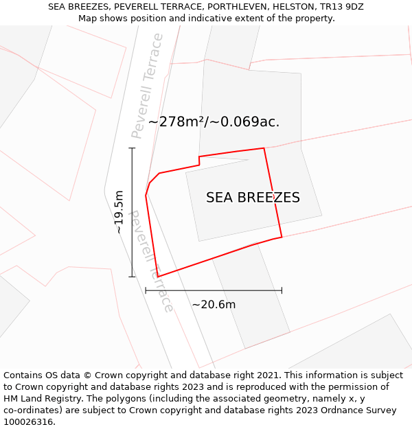 SEA BREEZES, PEVERELL TERRACE, PORTHLEVEN, HELSTON, TR13 9DZ: Plot and title map