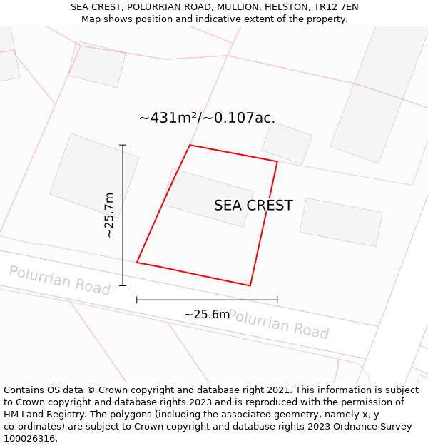 SEA CREST, POLURRIAN ROAD, MULLION, HELSTON, TR12 7EN: Plot and title map