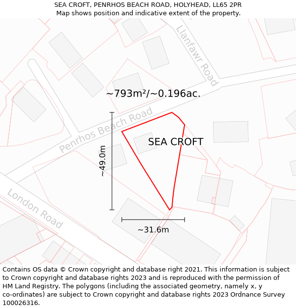 SEA CROFT, PENRHOS BEACH ROAD, HOLYHEAD, LL65 2PR: Plot and title map