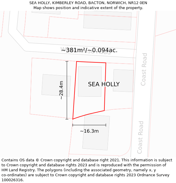 SEA HOLLY, KIMBERLEY ROAD, BACTON, NORWICH, NR12 0EN: Plot and title map