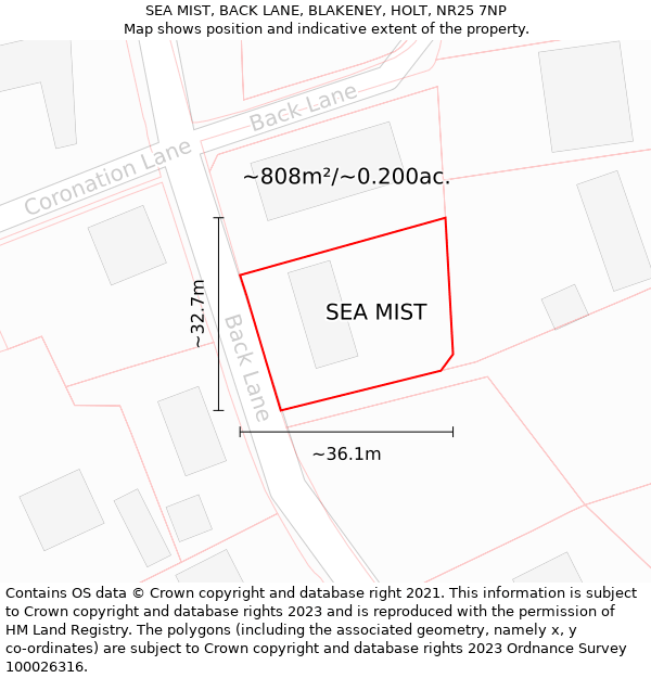SEA MIST, BACK LANE, BLAKENEY, HOLT, NR25 7NP: Plot and title map