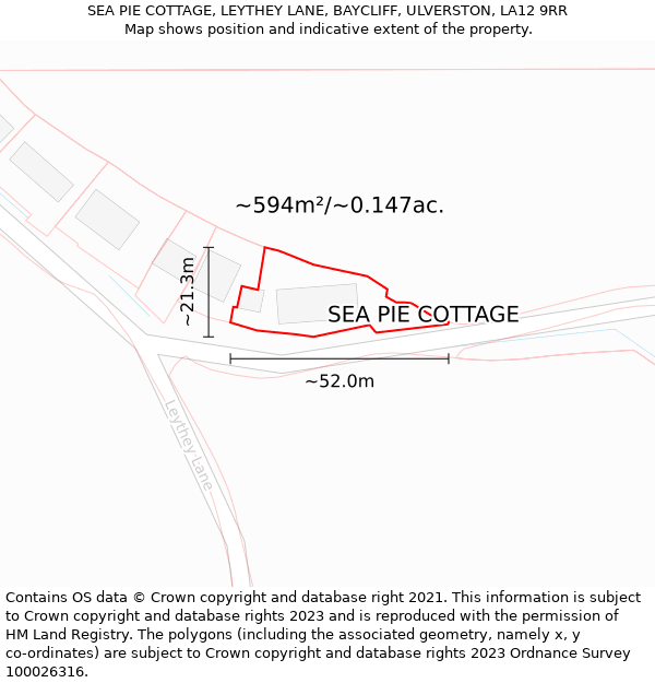 SEA PIE COTTAGE, LEYTHEY LANE, BAYCLIFF, ULVERSTON, LA12 9RR: Plot and title map