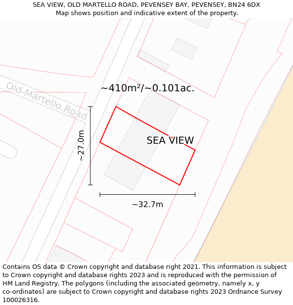 SEA VIEW, OLD MARTELLO ROAD, PEVENSEY BAY, PEVENSEY, BN24 6DX: Plot and title map