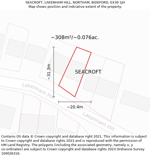 SEACROFT, LAKENHAM HILL, NORTHAM, BIDEFORD, EX39 1JH: Plot and title map