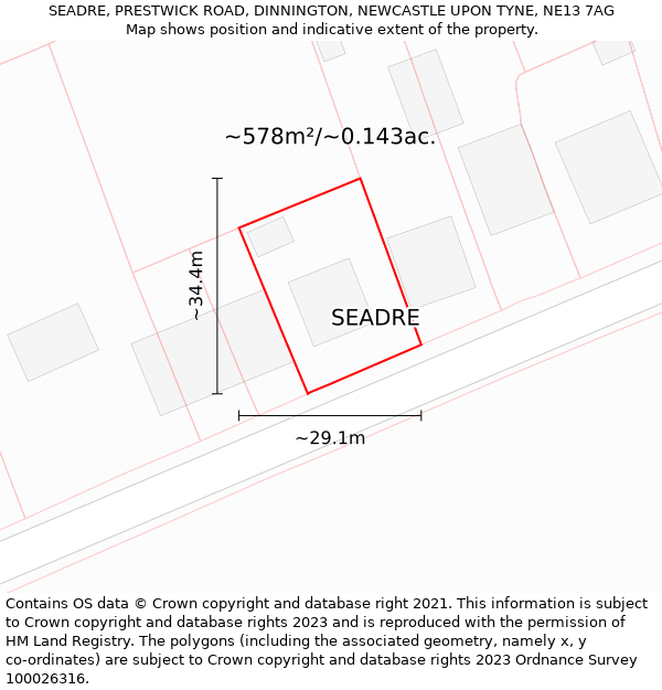 SEADRE, PRESTWICK ROAD, DINNINGTON, NEWCASTLE UPON TYNE, NE13 7AG: Plot and title map