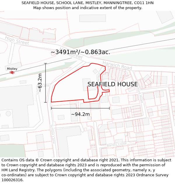 SEAFIELD HOUSE, SCHOOL LANE, MISTLEY, MANNINGTREE, CO11 1HN: Plot and title map