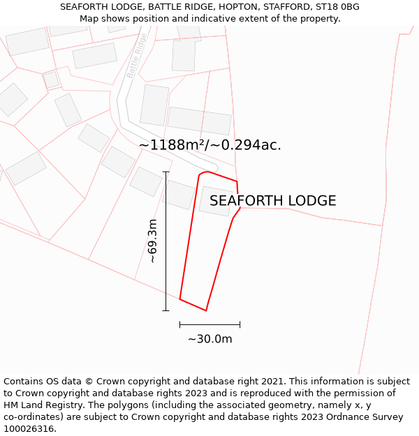 SEAFORTH LODGE, BATTLE RIDGE, HOPTON, STAFFORD, ST18 0BG: Plot and title map