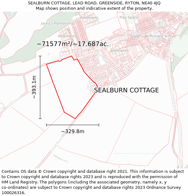 SEALBURN COTTAGE, LEAD ROAD, GREENSIDE, RYTON, NE40 4JQ: Plot and title map