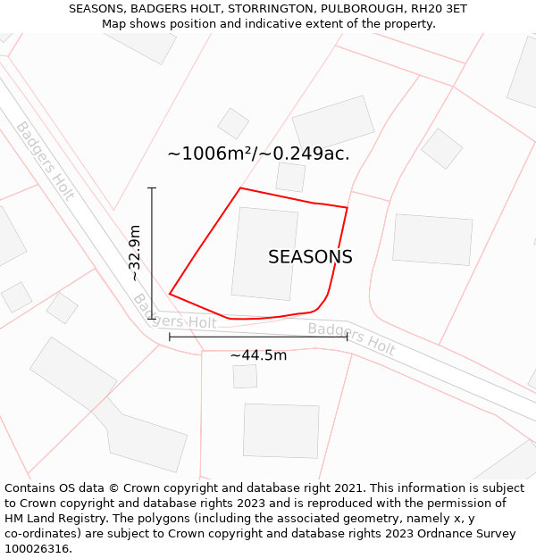 SEASONS, BADGERS HOLT, STORRINGTON, PULBOROUGH, RH20 3ET: Plot and title map