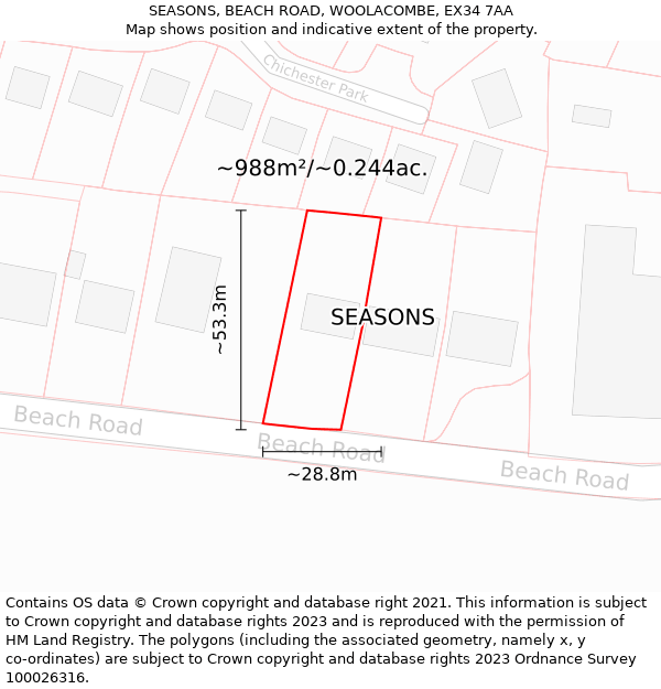 SEASONS, BEACH ROAD, WOOLACOMBE, EX34 7AA: Plot and title map