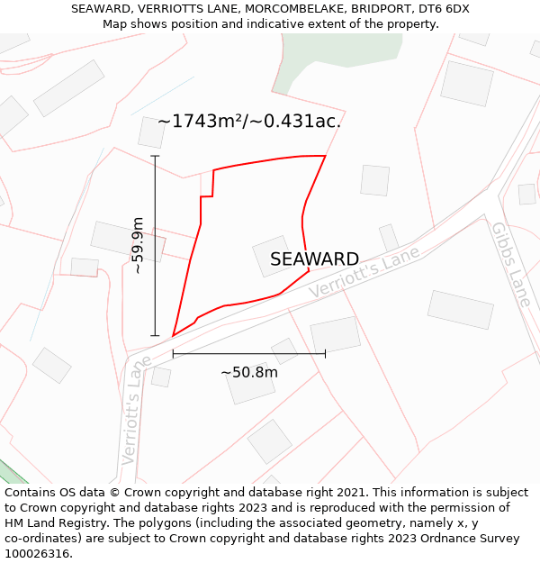 SEAWARD, VERRIOTTS LANE, MORCOMBELAKE, BRIDPORT, DT6 6DX: Plot and title map