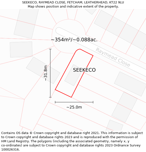 SEEKECO, RAYMEAD CLOSE, FETCHAM, LEATHERHEAD, KT22 9LU: Plot and title map