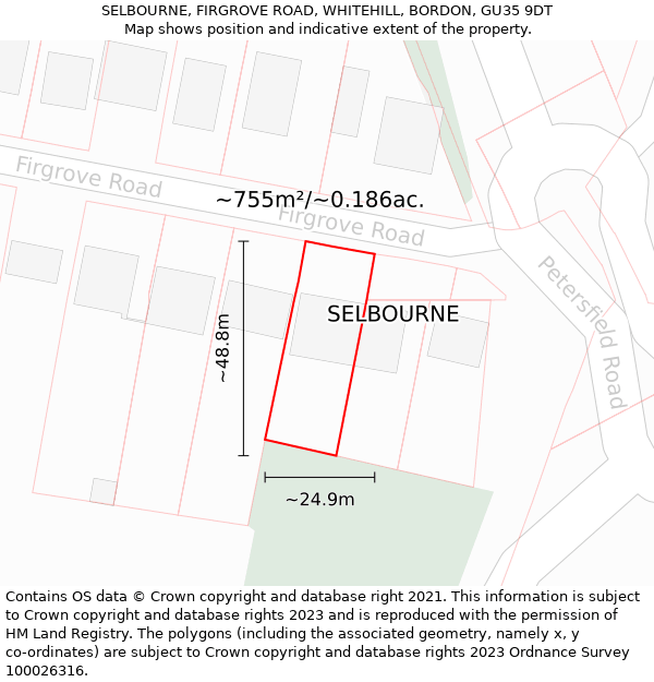 SELBOURNE, FIRGROVE ROAD, WHITEHILL, BORDON, GU35 9DT: Plot and title map