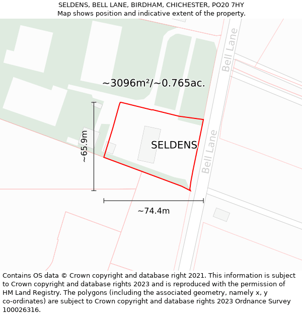 SELDENS, BELL LANE, BIRDHAM, CHICHESTER, PO20 7HY: Plot and title map