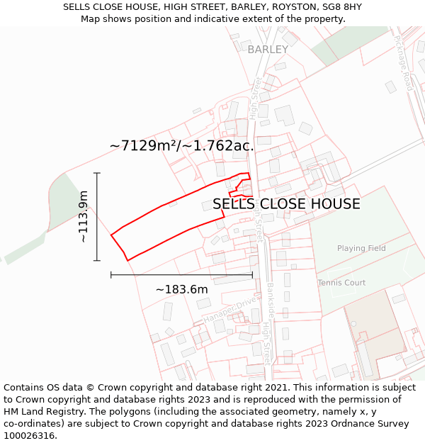 SELLS CLOSE HOUSE, HIGH STREET, BARLEY, ROYSTON, SG8 8HY: Plot and title map