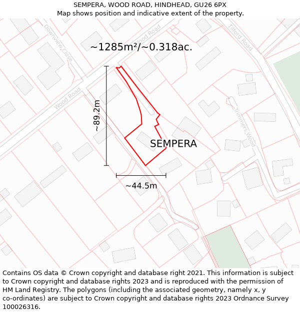 SEMPERA, WOOD ROAD, HINDHEAD, GU26 6PX: Plot and title map