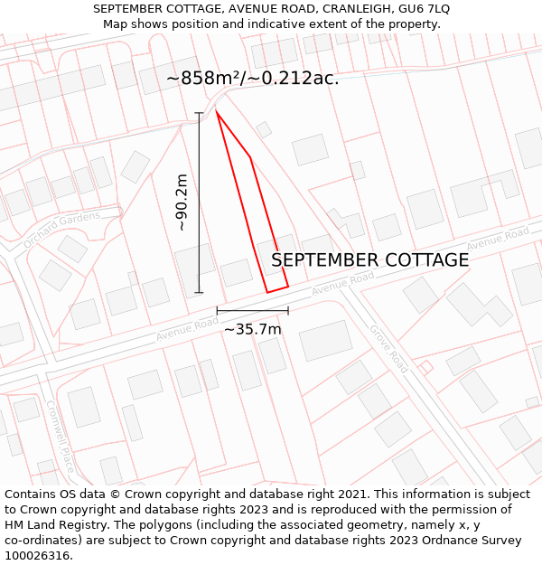 SEPTEMBER COTTAGE, AVENUE ROAD, CRANLEIGH, GU6 7LQ: Plot and title map