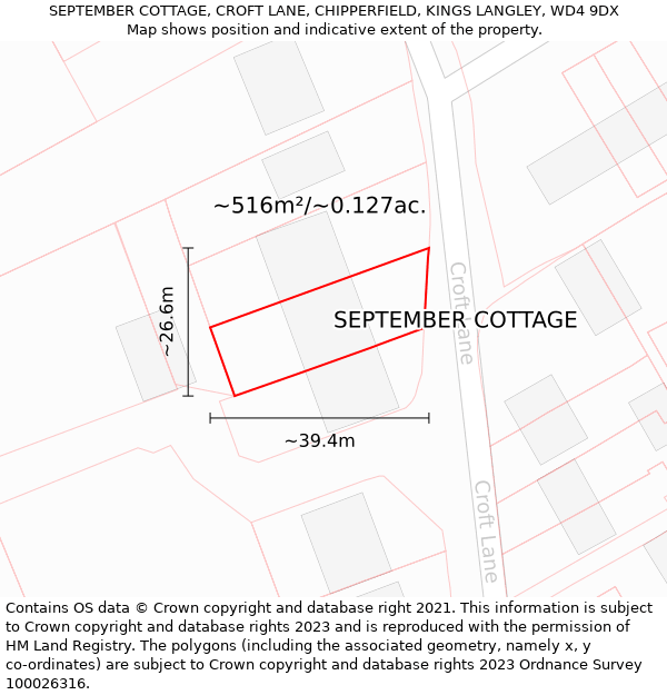 SEPTEMBER COTTAGE, CROFT LANE, CHIPPERFIELD, KINGS LANGLEY, WD4 9DX: Plot and title map